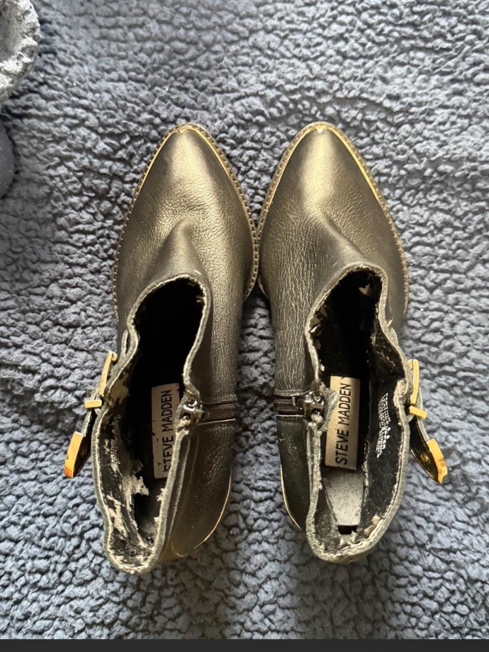 Steve Madden Black Pointed Leather Ankle Boots with Gold Buckle